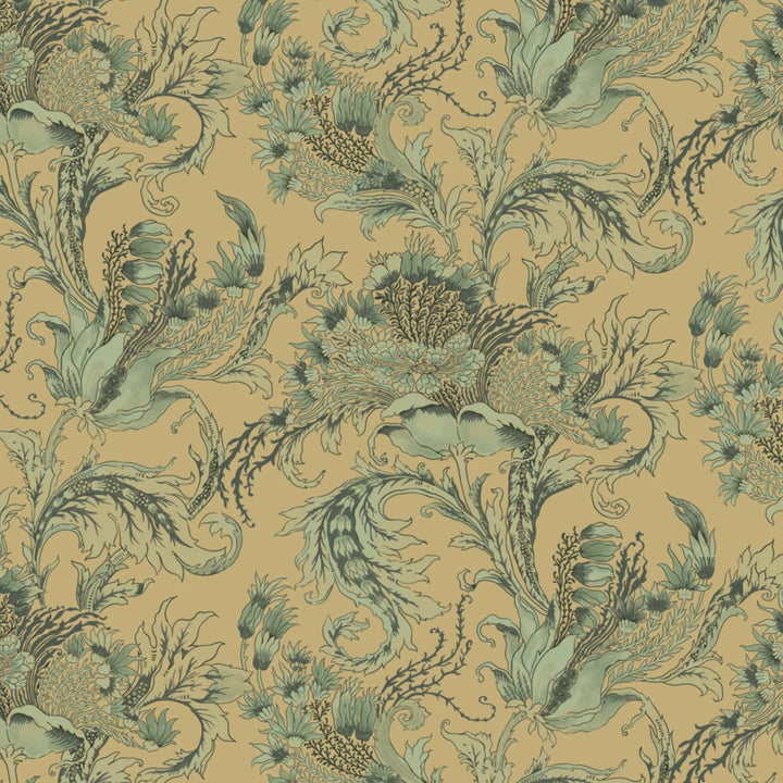 Ragged Poppy in Flax and Eucalyptus — soft green poppy on a flax ground, low-contrast large-scale block-printed floral repeat flat wallpaper pattern preview