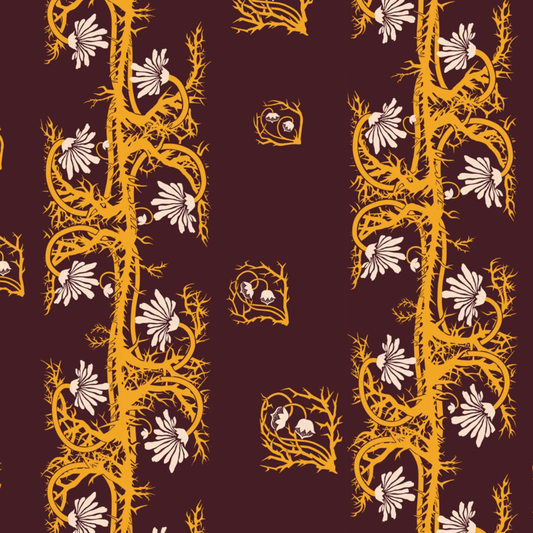 Marguerite in blackcurrant and marigold: spined, entwined stems forming vertical channels around massed daisy heads, translated from a c. 1904 Dutch linen damask finger towel by Cornelis van der Sluys. flat wallpaper pattern preview