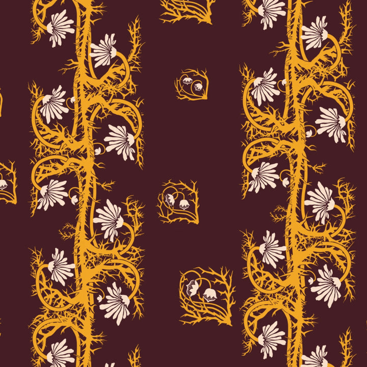 Marguerite in blackcurrant and marigold: spined, entwined stems forming vertical channels around massed daisy heads, translated from a c. 1904 Dutch linen damask finger towel by Cornelis van der Sluys. flat wallpaper pattern preview