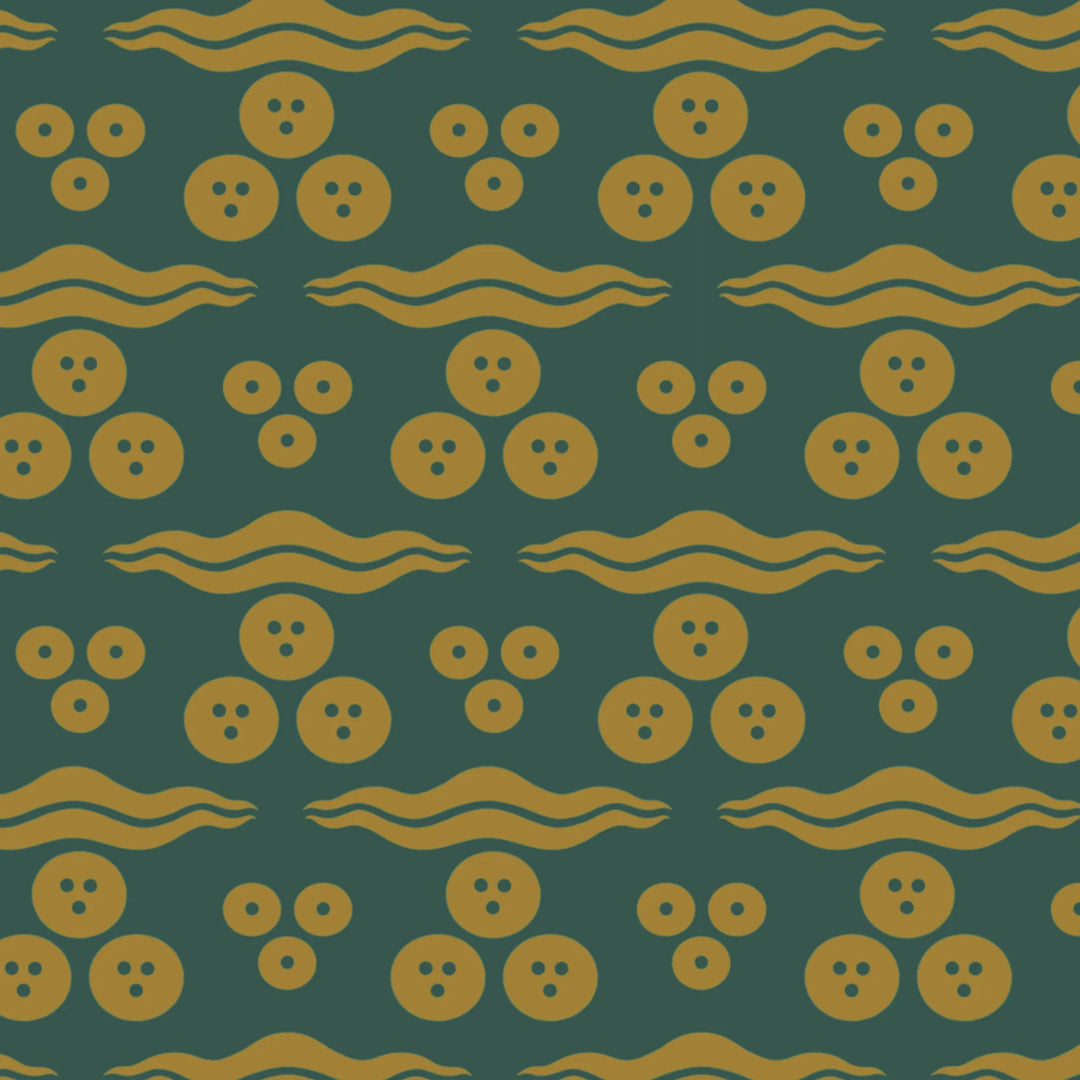 Gold 15th century Ottoman discs and waves on a medium green ground: flat wallpaper pattern preview