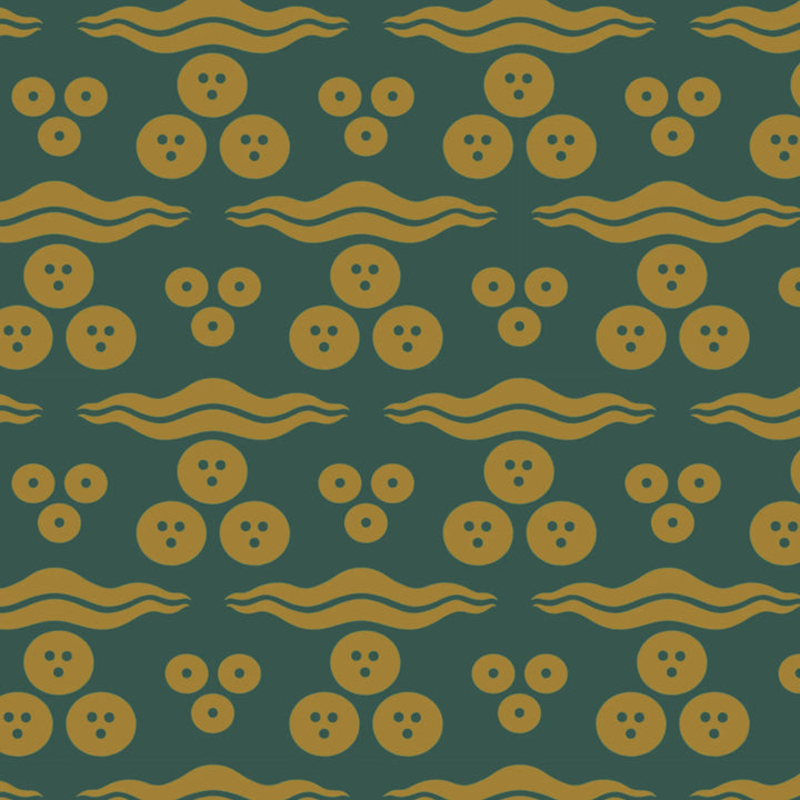 Gold 15th century Ottoman discs and waves on a medium green ground: flat wallpaper pattern preview
