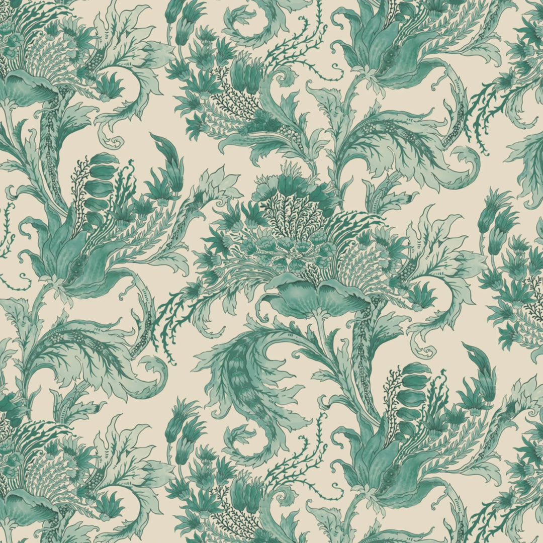 Ragged Poppy in Sandstone and Verdigris — green poppy on a warm sandstone ground, large-scale block-printed floral repeat flat wallpaper pattern preview