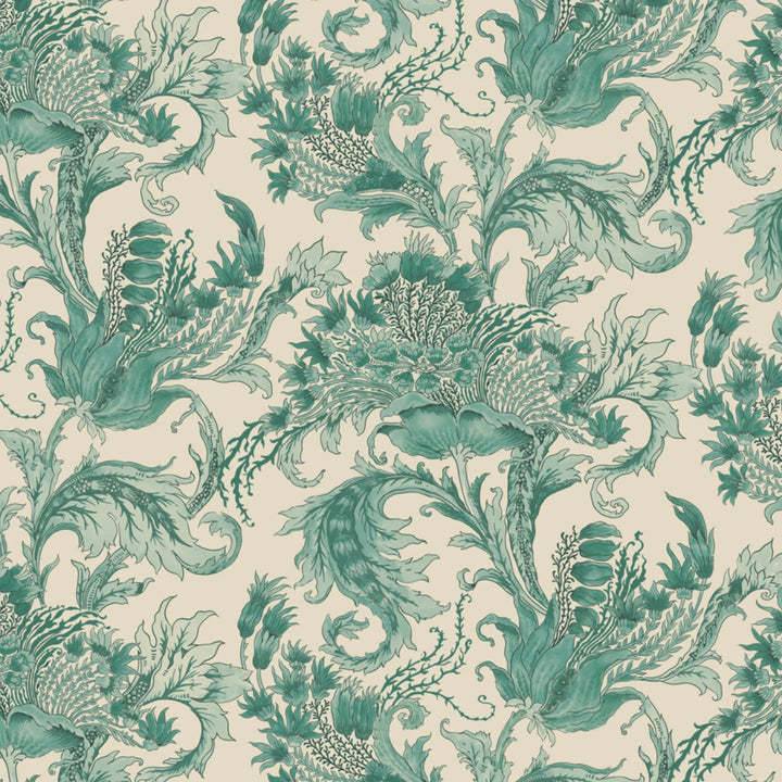 Ragged Poppy in Sandstone and Verdigris — green poppy on a warm sandstone ground, large-scale block-printed floral repeat flat wallpaper pattern preview
