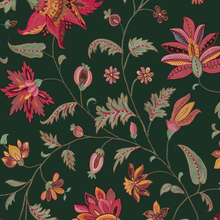 Red and gold florals on a dark green ground flat wallpaper pattern preview
