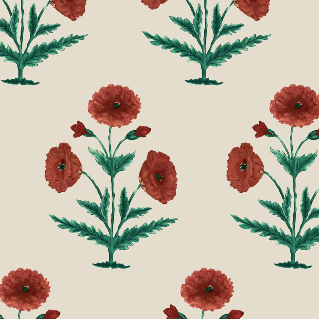 Red and green 17th century Mughal poppy plants on a beige ground: flat wallpaper pattern preview
