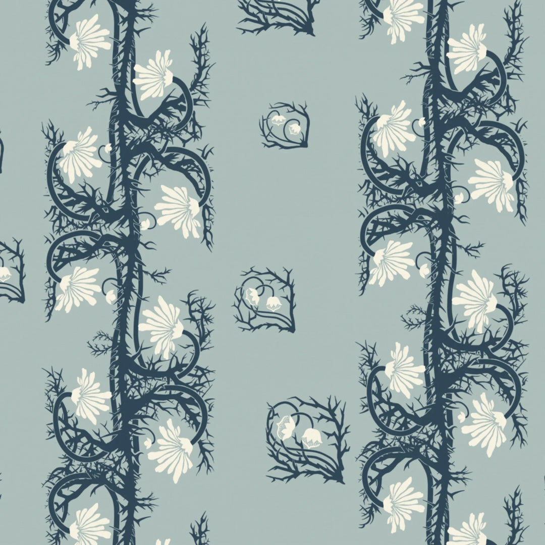 Marguerite in mist and slate: spined, entwined stems forming vertical channels around massed daisy heads, translated from a c. 1904 Dutch linen damask finger towel by Cornelis van der Sluys. flat wallpaper pattern preview