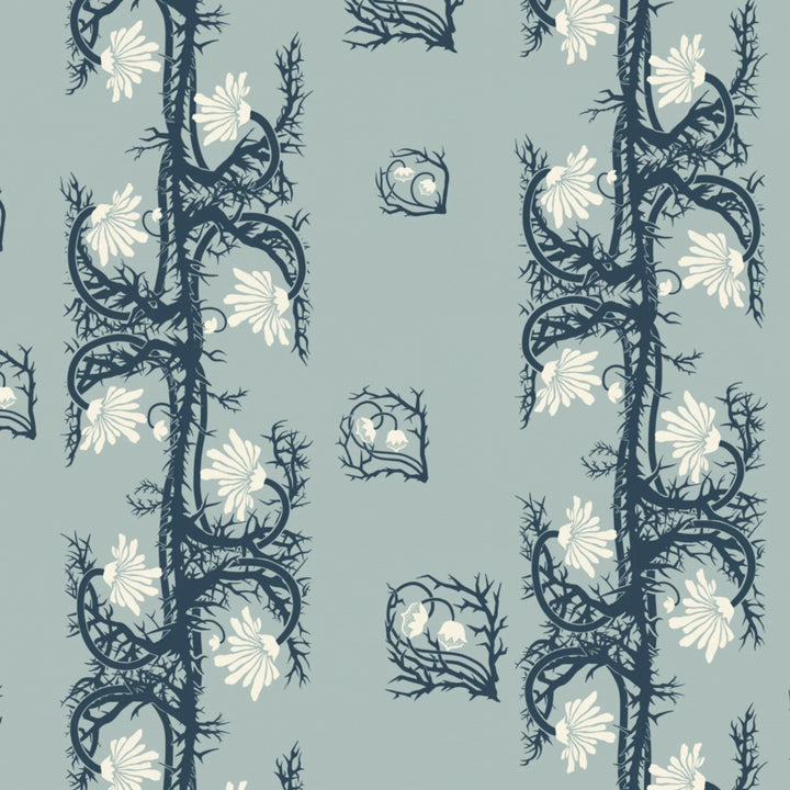 Marguerite in mist and slate: spined, entwined stems forming vertical channels around massed daisy heads, translated from a c. 1904 Dutch linen damask finger towel by Cornelis van der Sluys. flat wallpaper pattern preview