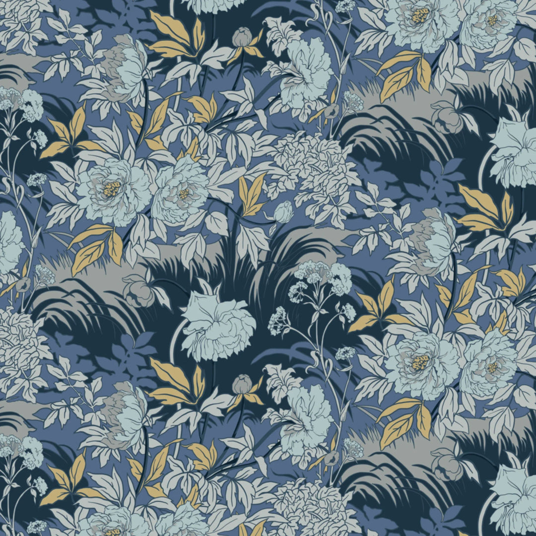 Pale grey 1890s Art Nouveau blooms and grasses on a blue-grey ground: flat wallpaper pattern preview