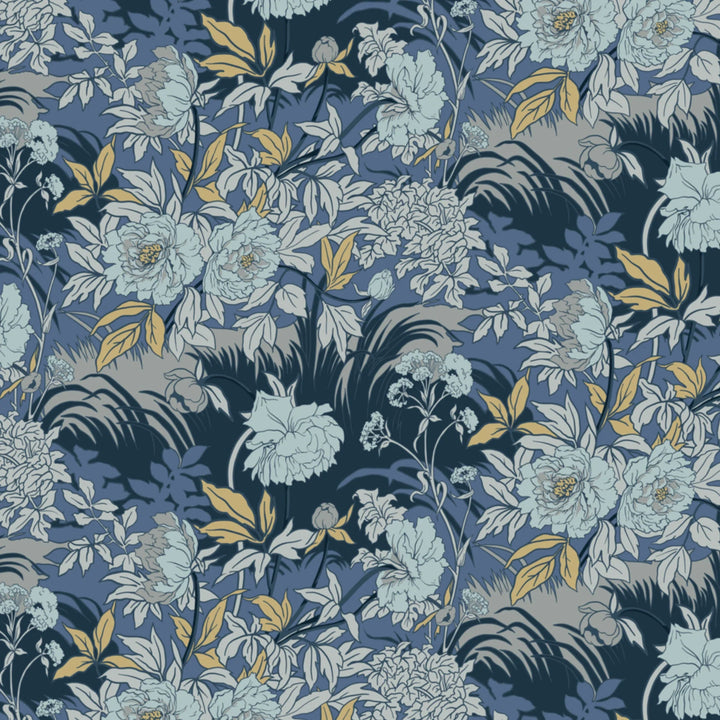 Pale grey 1890s Art Nouveau blooms and grasses on a blue-grey ground: flat wallpaper pattern preview