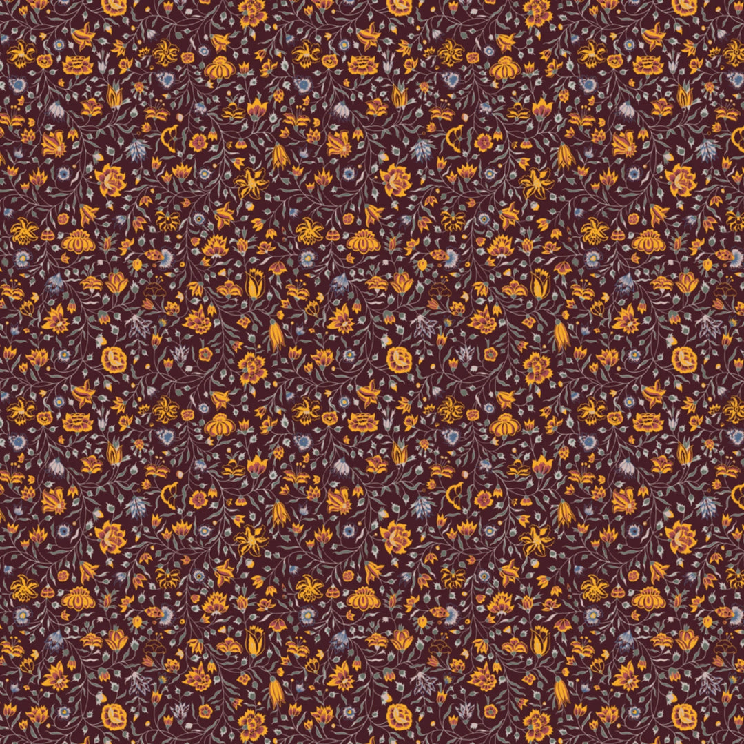 Yellow 18th century Indian chintz vine on a dark purple ground: flat wallpaper pattern preview