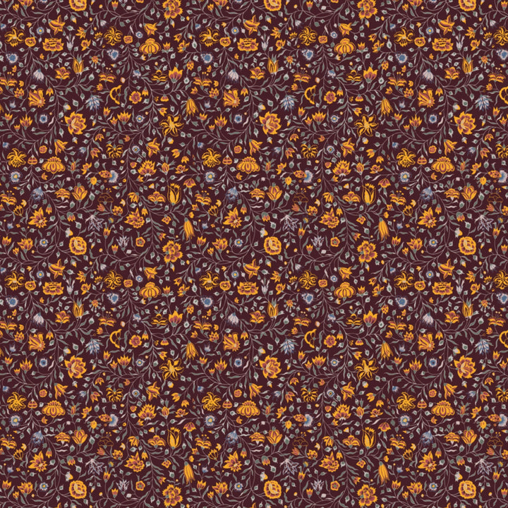 Yellow 18th century Indian chintz vine on a dark purple ground: flat wallpaper pattern preview