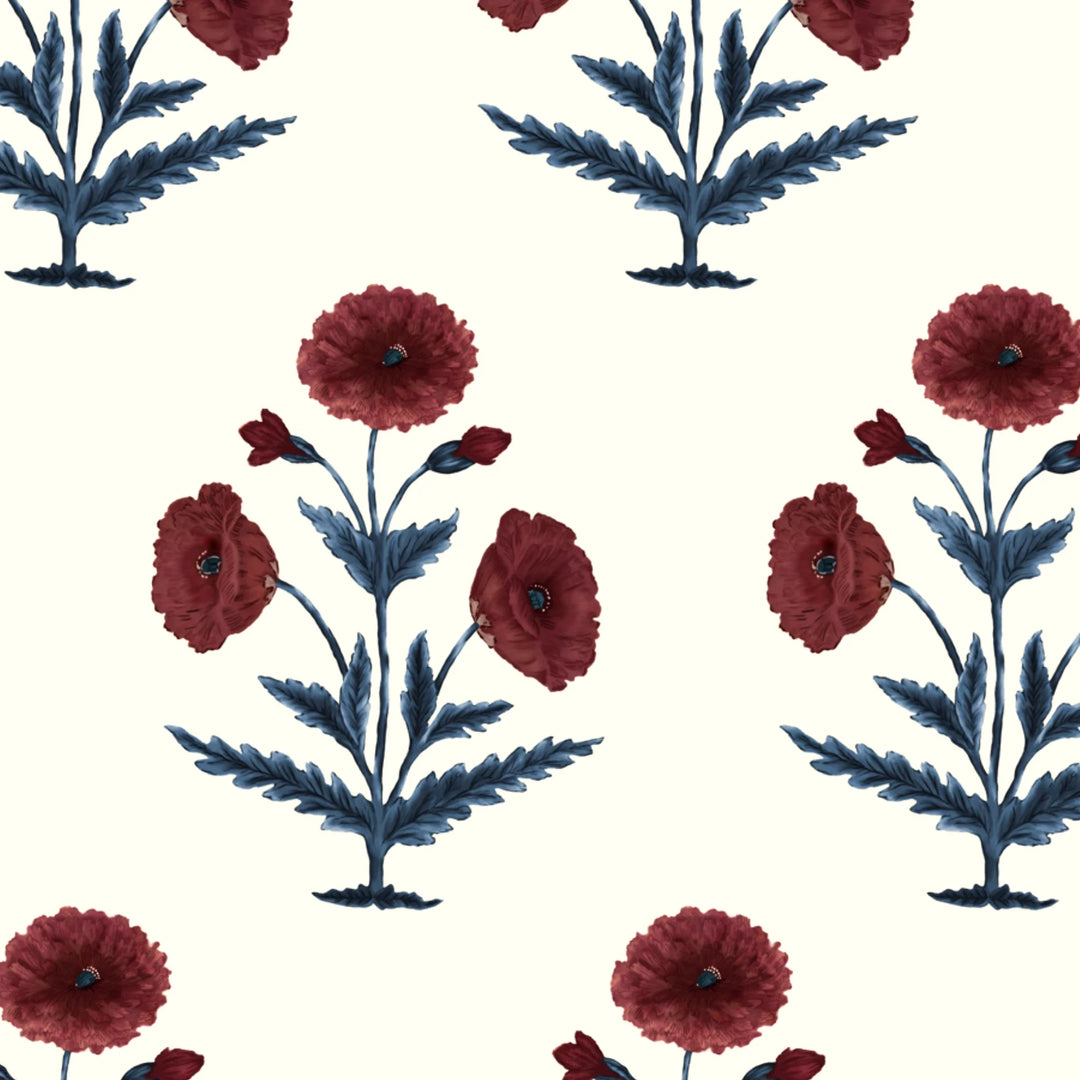 Red 17th century Mughal poppy plants on a white ground: flat wallpaper pattern preview
