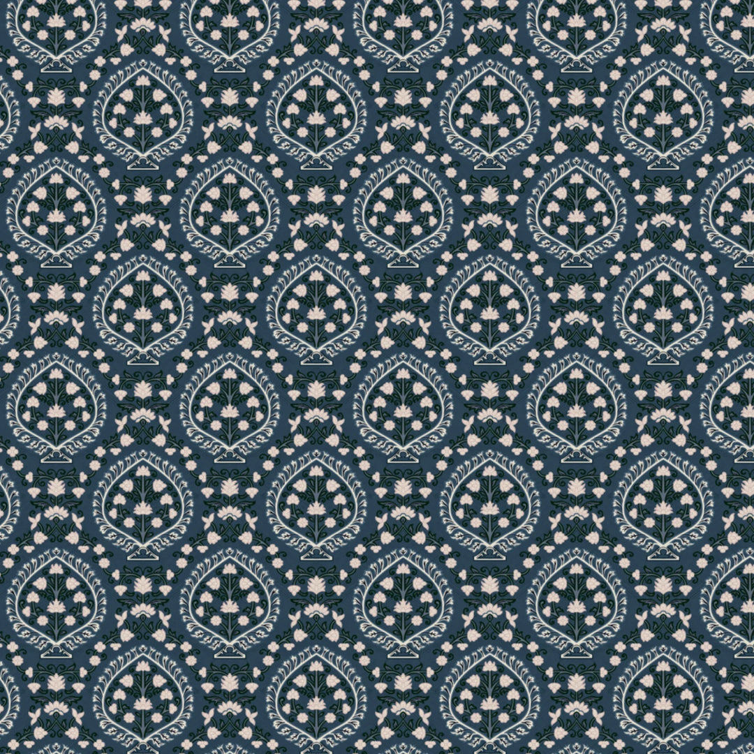 Varanasi Medallion in Slate and Linen — pale flowering plants inside pointed medallions on a cool blue-grey ground flat wallpaper pattern preview