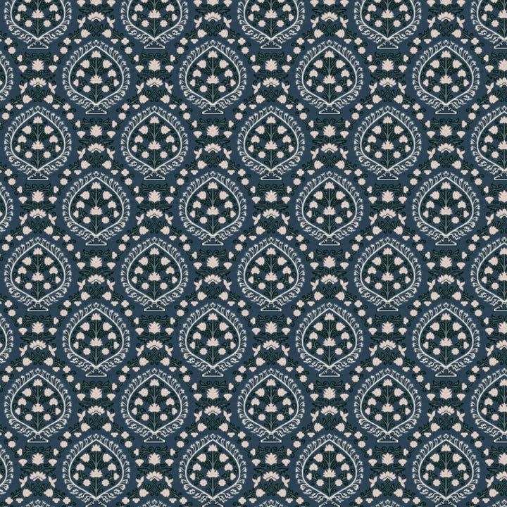 Varanasi Medallion in Slate and Linen — pale flowering plants inside pointed medallions on a cool blue-grey ground flat wallpaper pattern preview