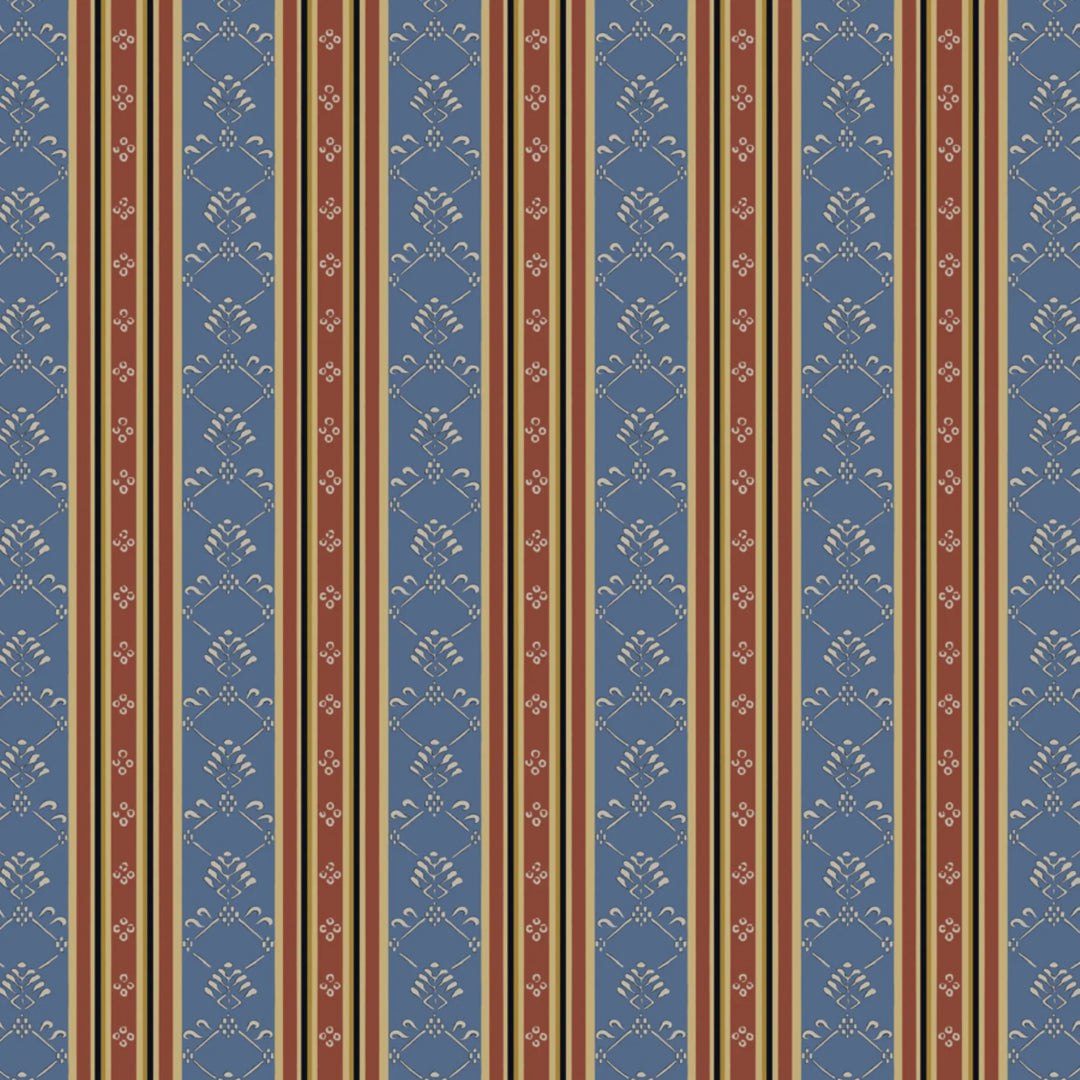 Muted blue and brown 18th century floral and lattice stripe: flat wallpaper pattern preview