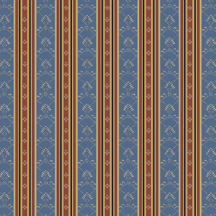 Muted blue and brown 18th century floral and lattice stripe: flat wallpaper pattern preview