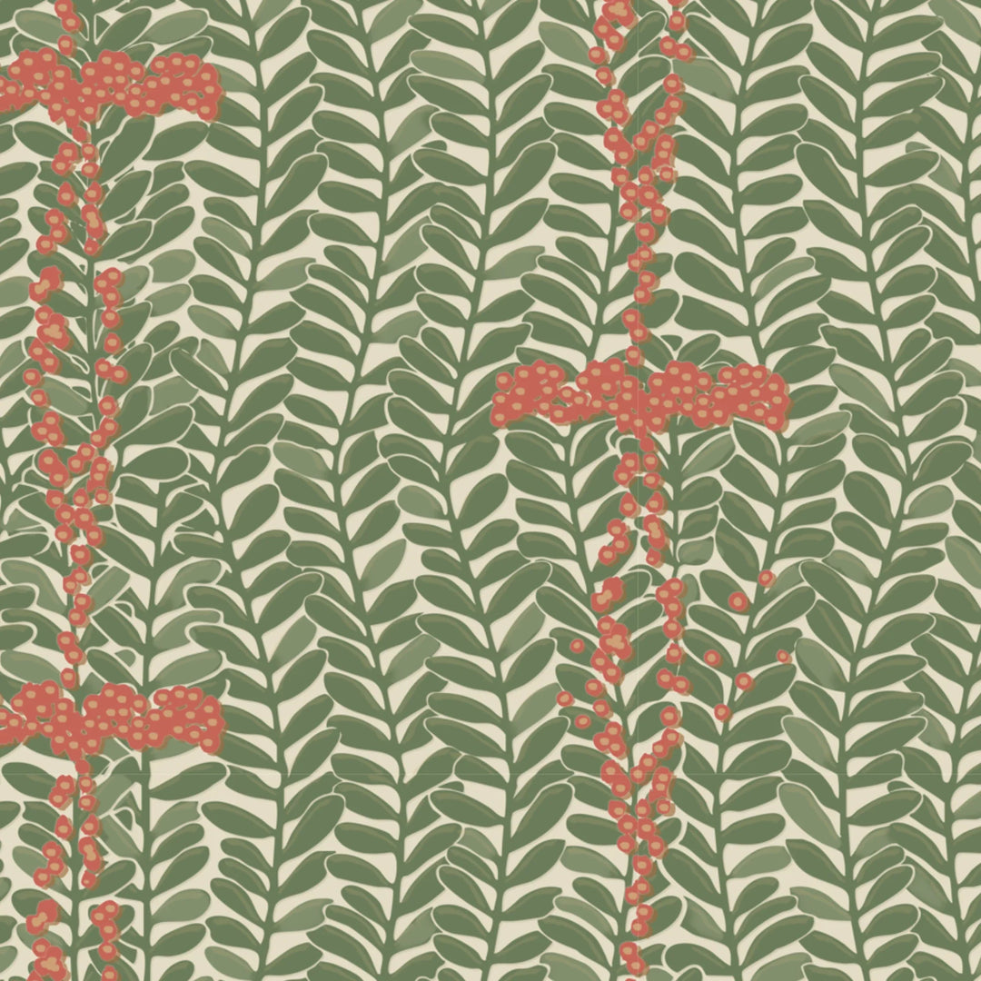 Muted green 1918 leaf sprays with red berries on a beige ground: flat wallpaper pattern preview