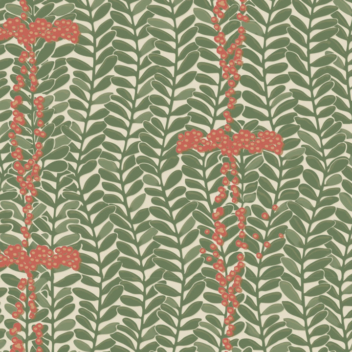 Muted green 1918 leaf sprays with red berries on a beige ground: flat wallpaper pattern preview