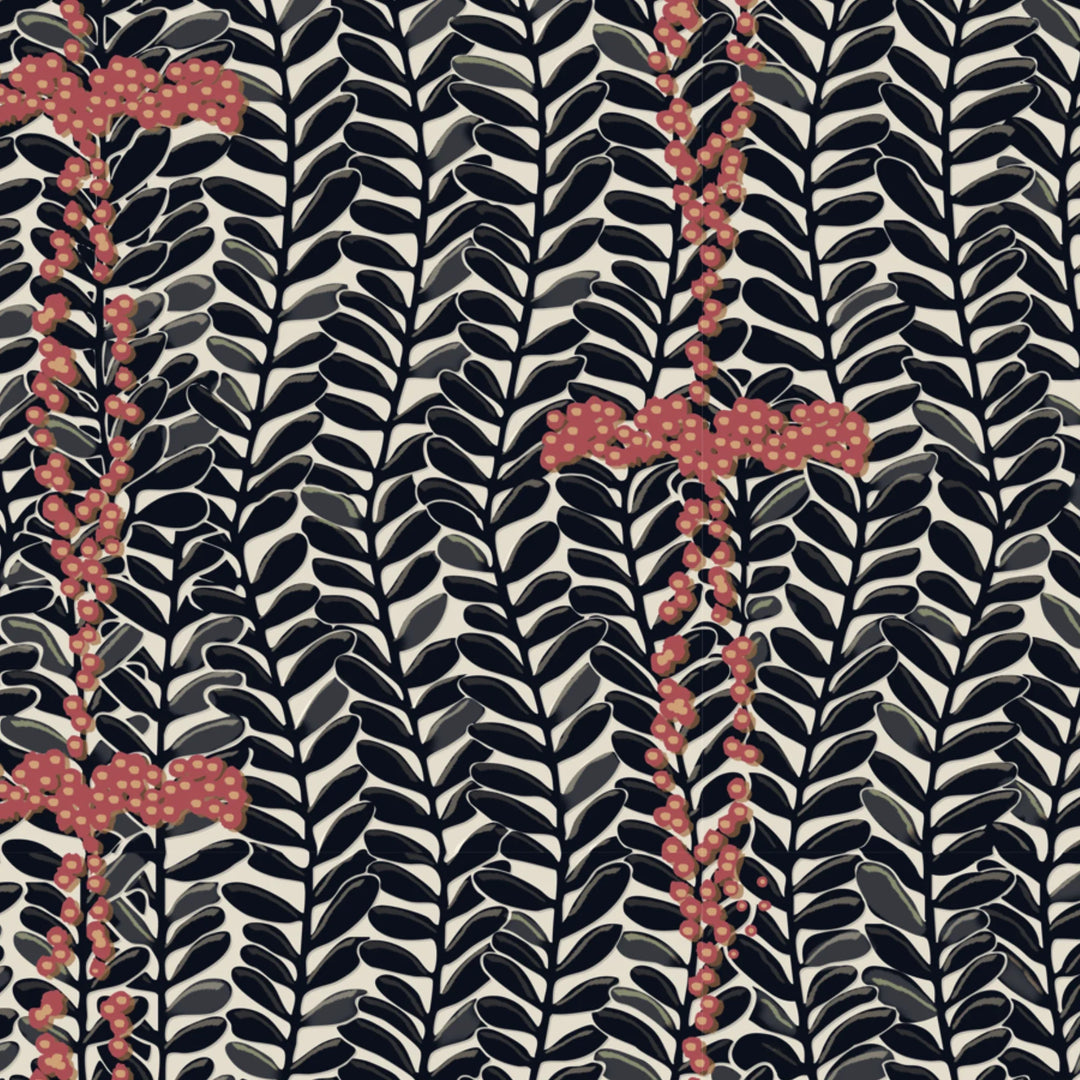 Navy 1918 leaf sprays with red berries on a beige ground: flat wallpaper pattern preview