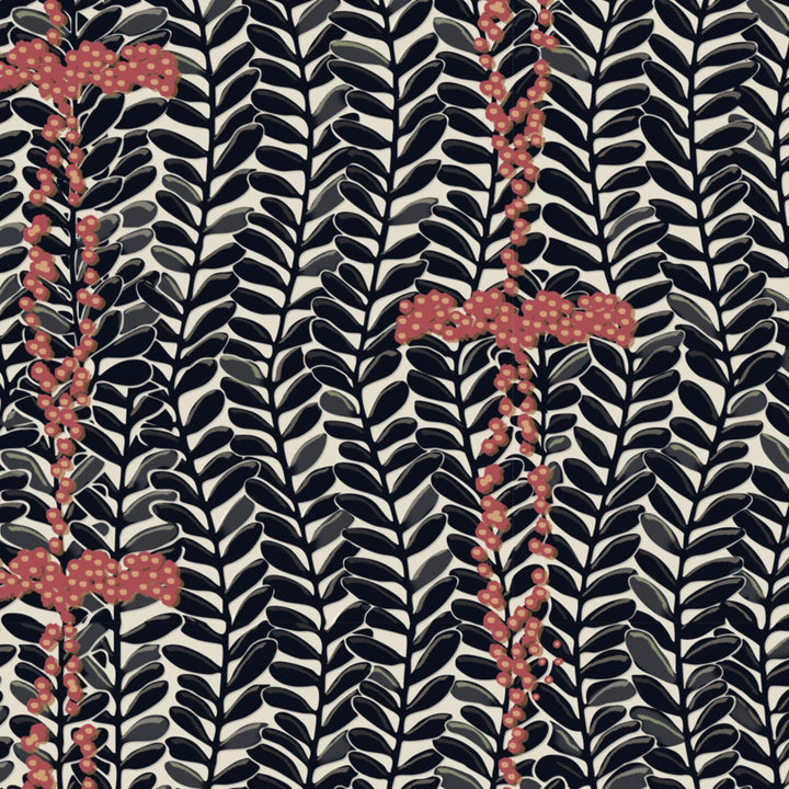 Navy 1918 leaf sprays with red berries on a beige ground: flat wallpaper pattern preview