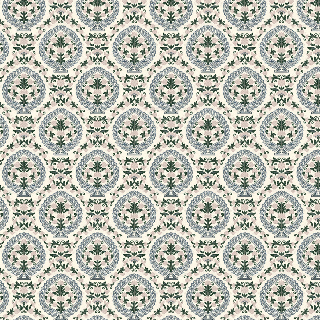 Varanasi Medallion in Ivory and Linen — slate-blue pointed medallions enclosing flowering plants on a near-white ground flat wallpaper pattern preview