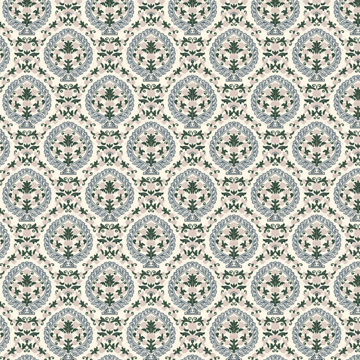 Varanasi Medallion in Ivory and Linen — slate-blue pointed medallions enclosing flowering plants on a near-white ground flat wallpaper pattern preview