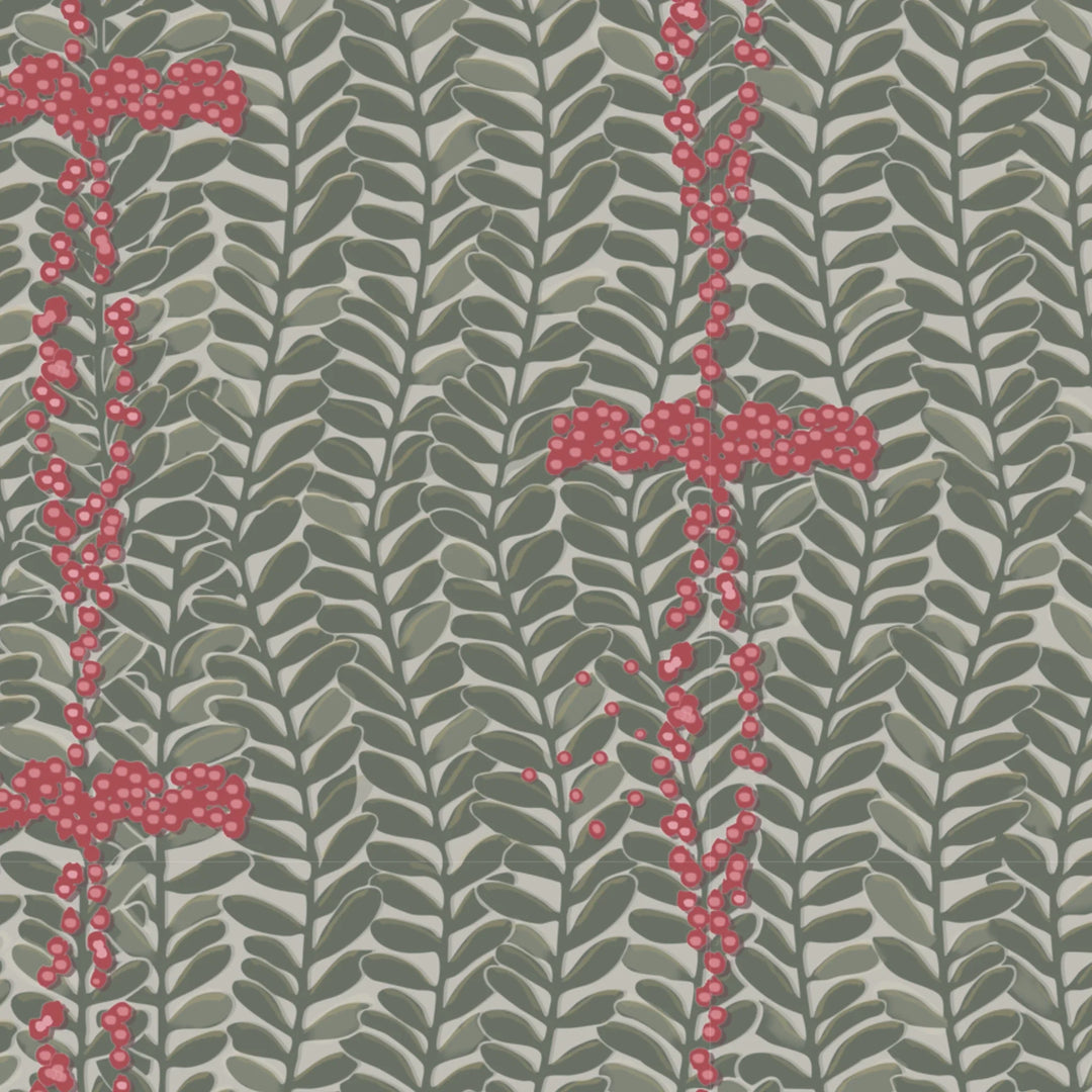 Grey-green 1918 leaf sprays with red berries on a grey ground: flat wallpaper pattern preview