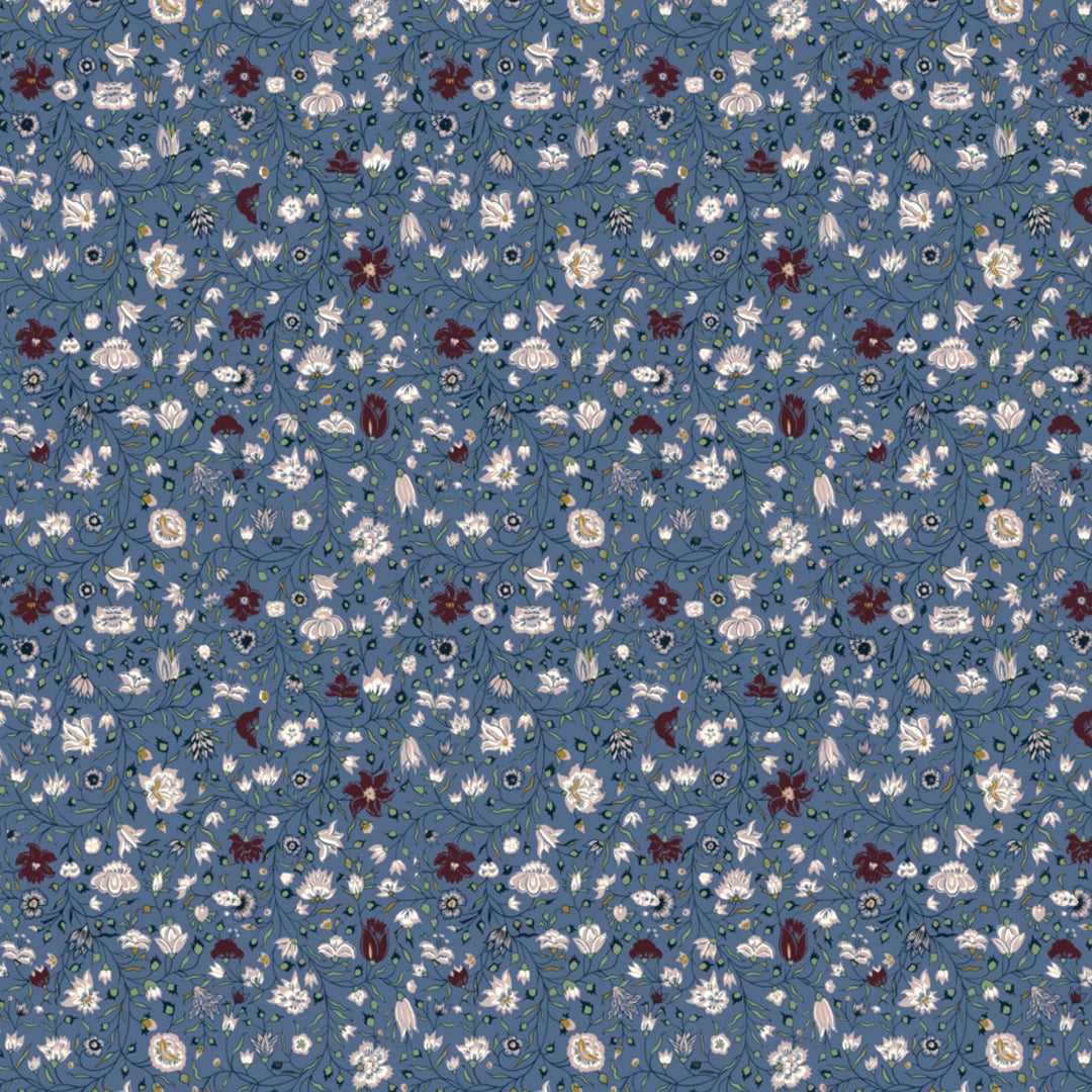 Pink 18th century Indian chintz vine on a muted blue ground: flat wallpaper pattern preview