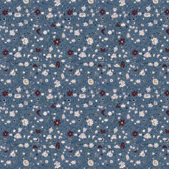 Pink 18th century Indian chintz vine on a muted blue ground: flat wallpaper pattern preview