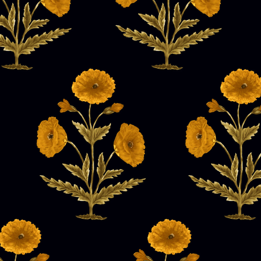 Yellow 17th century Mughal poppy plants on a navy ground: flat wallpaper pattern preview