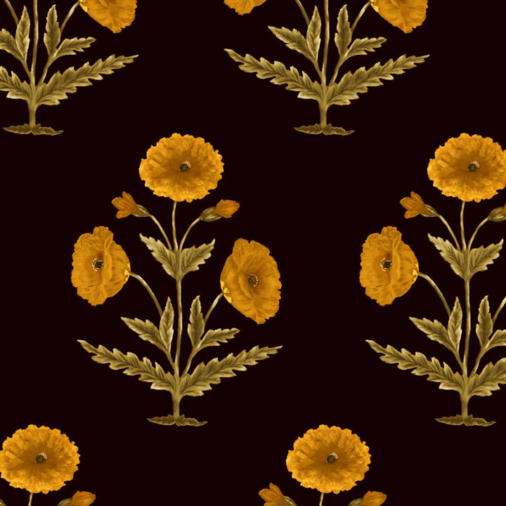 Yellow 17th century Mughal poppy plants on a dark purple ground: flat wallpaper pattern preview