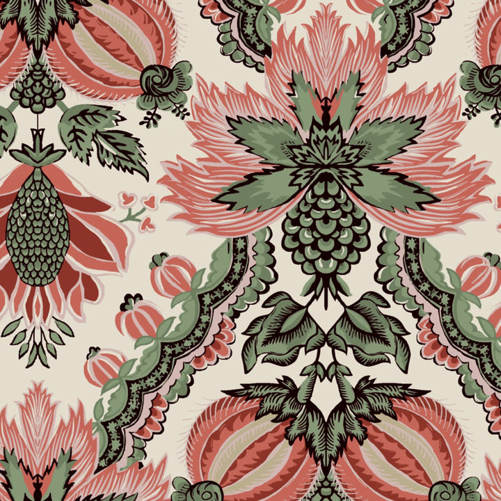 Flowering Pomegranate in linen and terracotta: an ogee lattice of lace borders framing a blossom held between two swelling pomegranates, translated from an 18th-century French block-printed quilt. flat wallpaper pattern preview