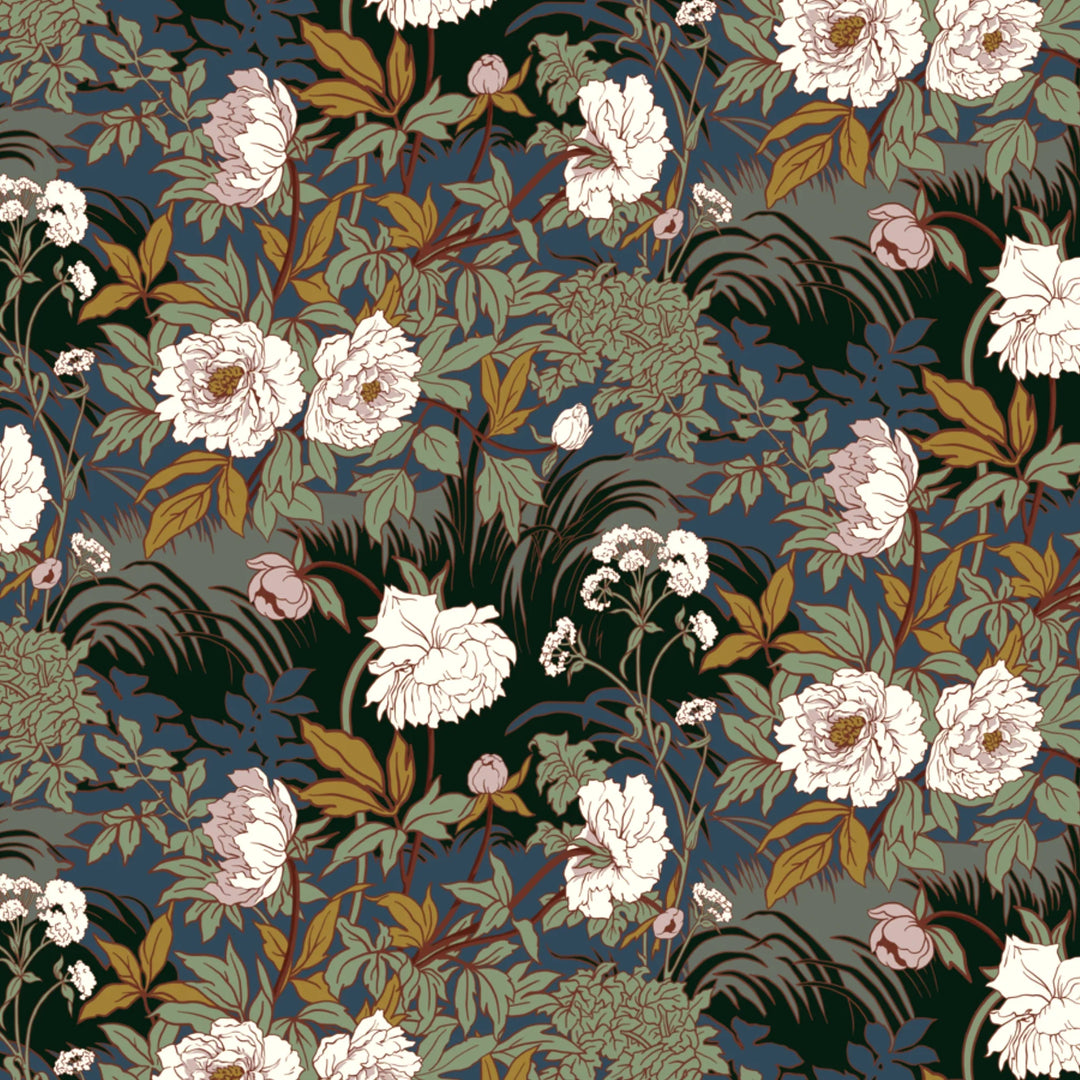 White 1890s Art Nouveau blooms and grasses on a blue-grey ground: flat wallpaper pattern preview
