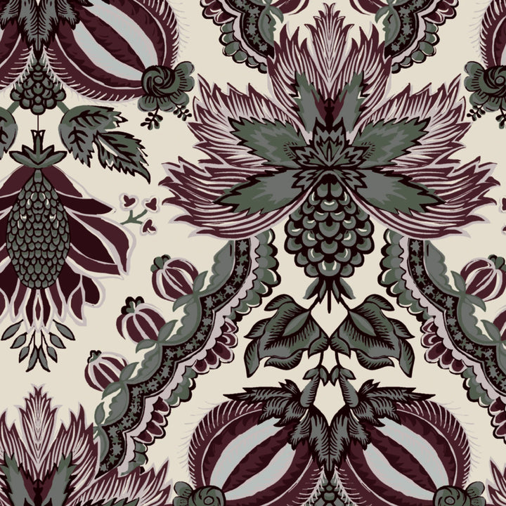 Flowering Pomegranate in linen and blackcurrant: an ogee lattice of lace borders framing a blossom held between two swelling pomegranates, translated from an 18th-century French block-printed quilt. flat wallpaper pattern preview