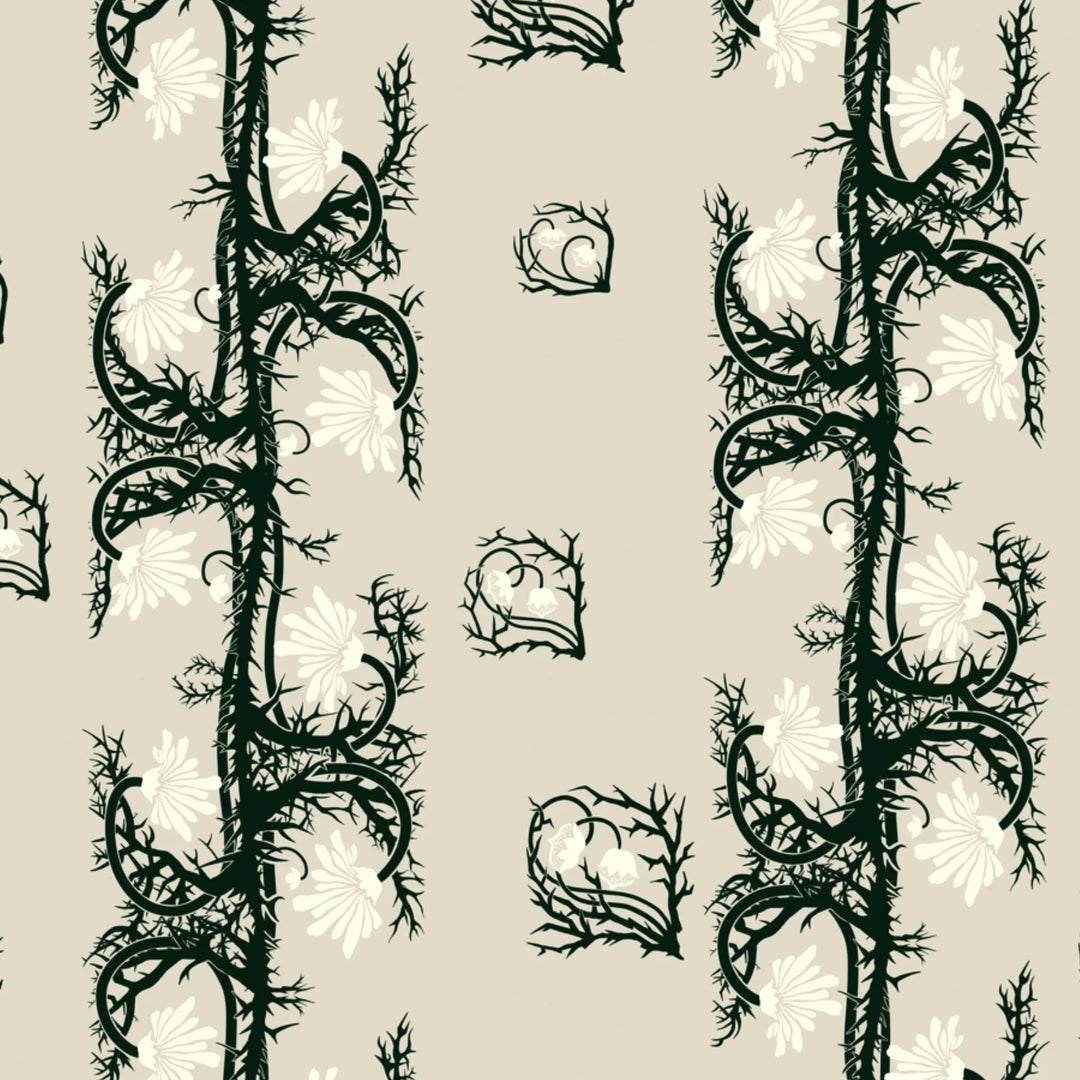 Marguerite in linen and forest floor: spined, entwined stems forming vertical channels around massed daisy heads, translated from a c. 1904 Dutch linen damask finger towel by Cornelis van der Sluys. flat wallpaper pattern preview