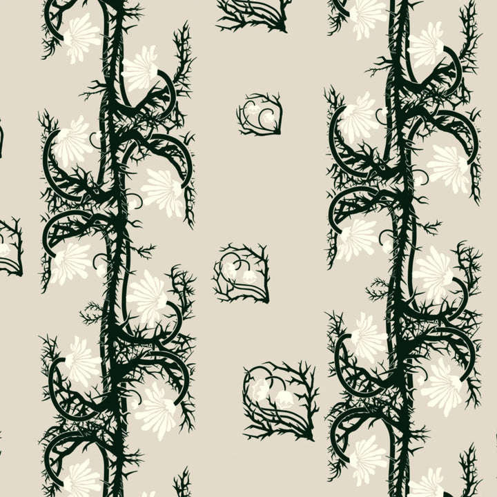 Marguerite in linen and forest floor: spined, entwined stems forming vertical channels around massed daisy heads, translated from a c. 1904 Dutch linen damask finger towel by Cornelis van der Sluys. flat wallpaper pattern preview