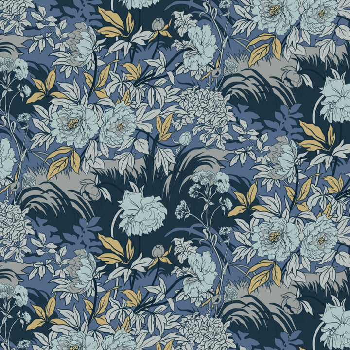 Pale grey 1890s Art Nouveau blooms and grasses on a blue-grey ground: flat wallpaper pattern preview