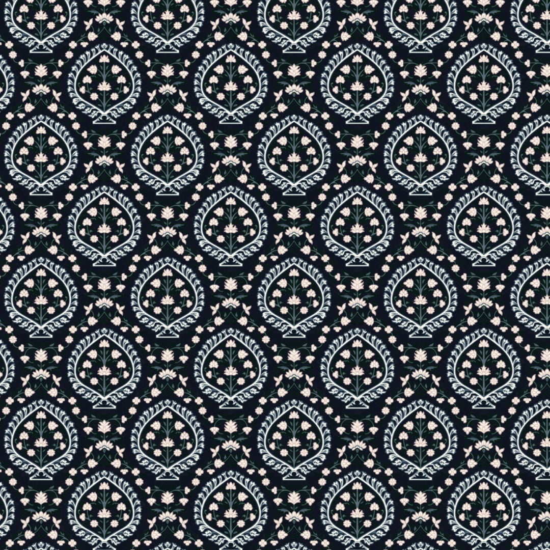Varanasi Medallion in Indigo and Ivory — pale flowers inside pointed medallions on a near-black indigo ground flat wallpaper pattern preview