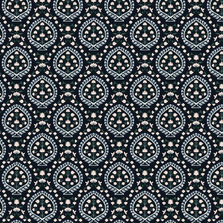Varanasi Medallion in Indigo and Ivory — pale flowers inside pointed medallions on a near-black indigo ground flat wallpaper pattern preview