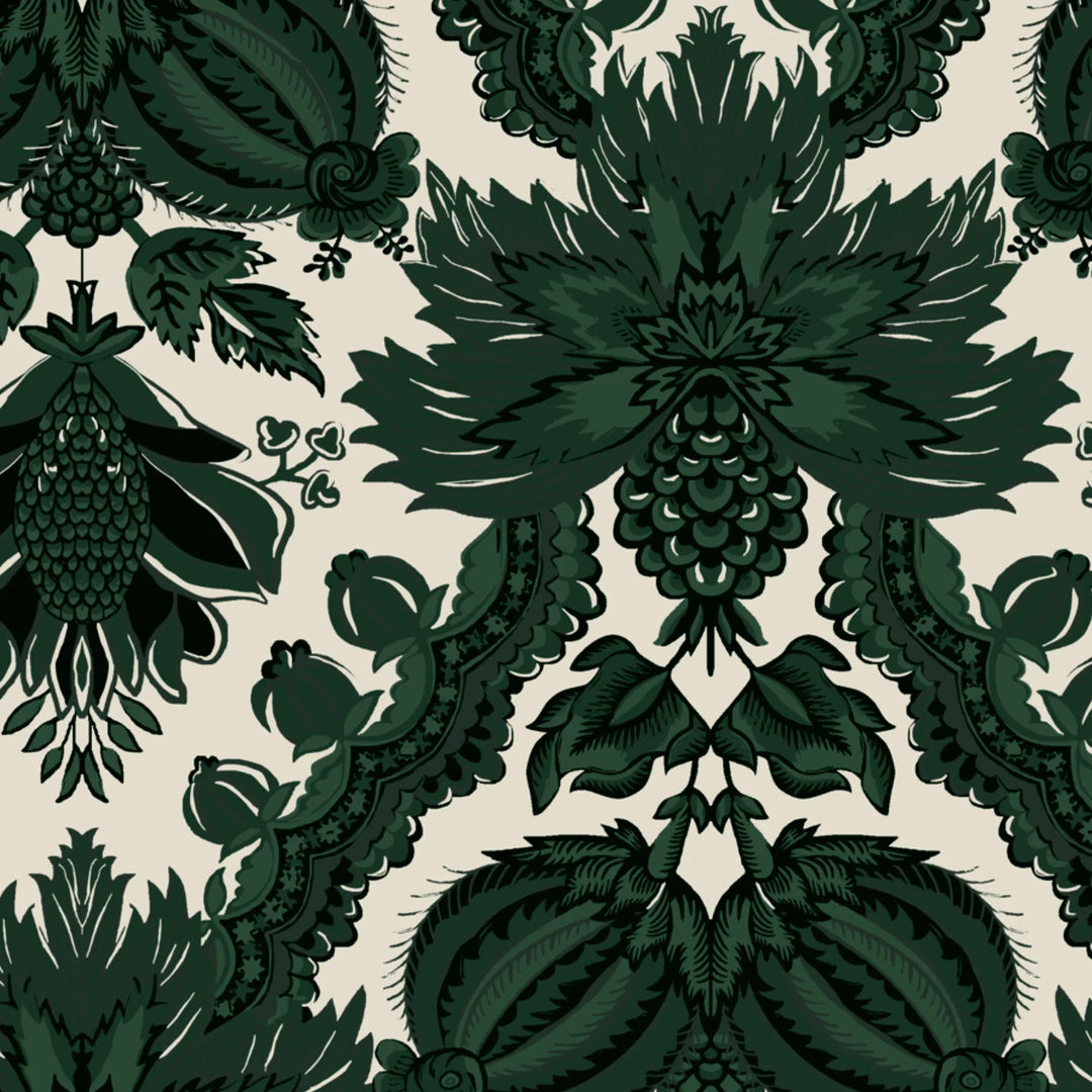 Dark green 18th century French pomegranate ogee on a beige ground: flat wallpaper pattern preview