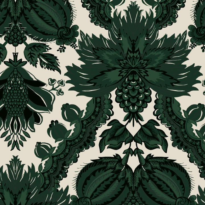 Dark green 18th century French pomegranate ogee on a beige ground: flat wallpaper pattern preview