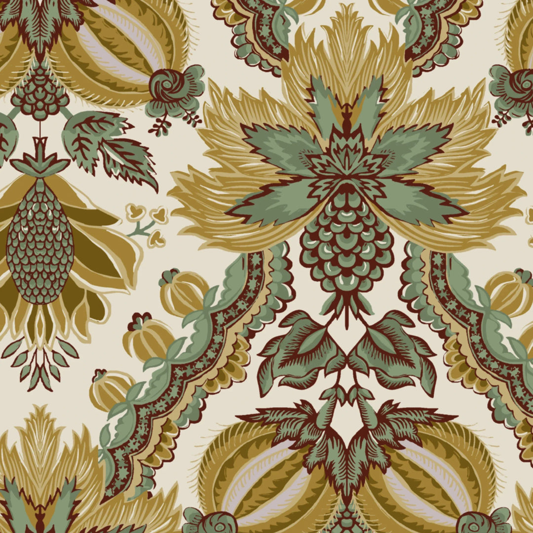 Flowering Pomegranate in linen and honey: an ogee lattice of lace borders framing a blossom held between two swelling pomegranates, translated from an 18th-century French block-printed quilt. flat wallpaper pattern preview