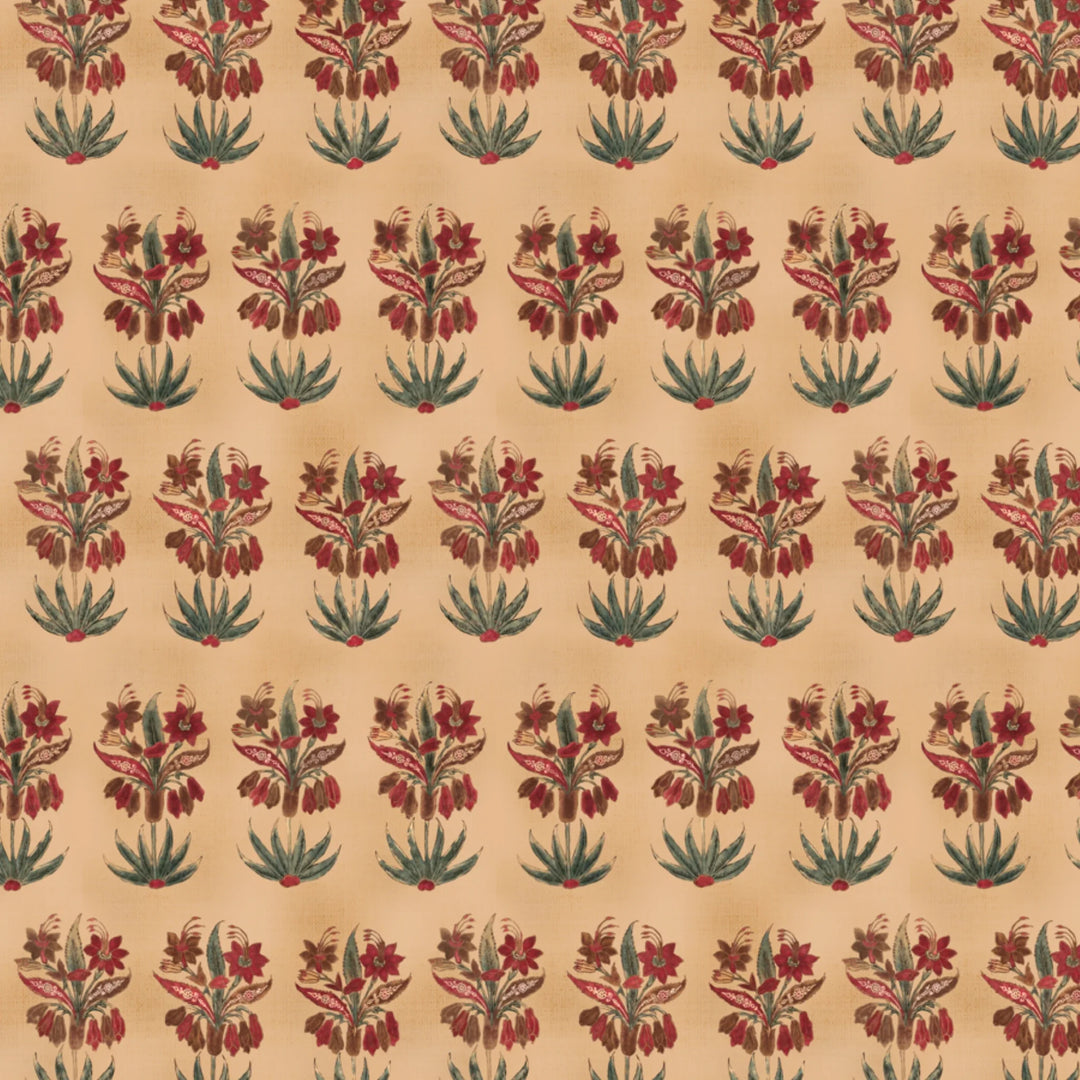 17th century Indian chintz flowering sprigs in rows, museum colours: flat wallpaper pattern preview