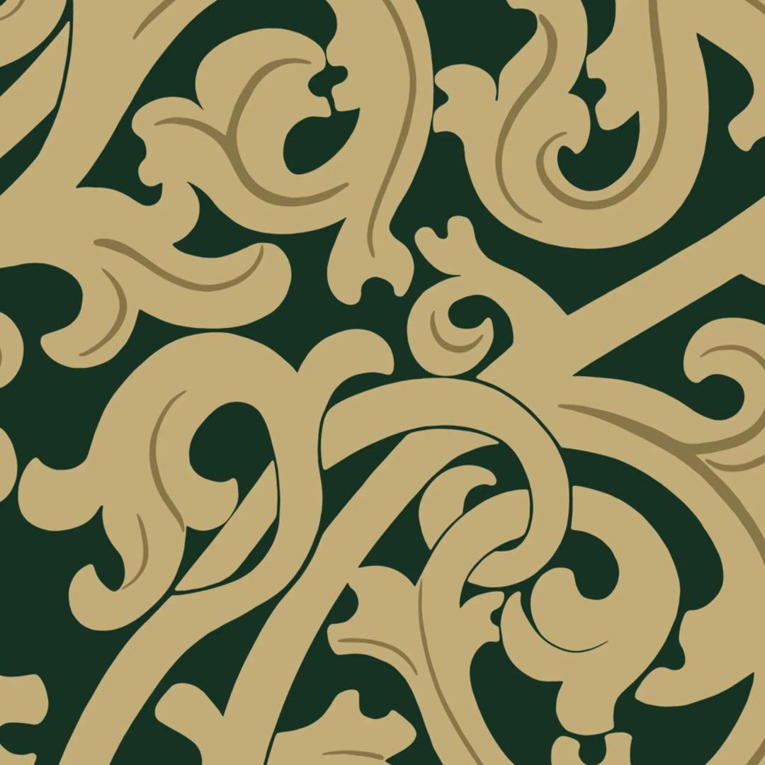 Large gold acanthus scroll motif on a green ground: flat wallpaper pattern preview