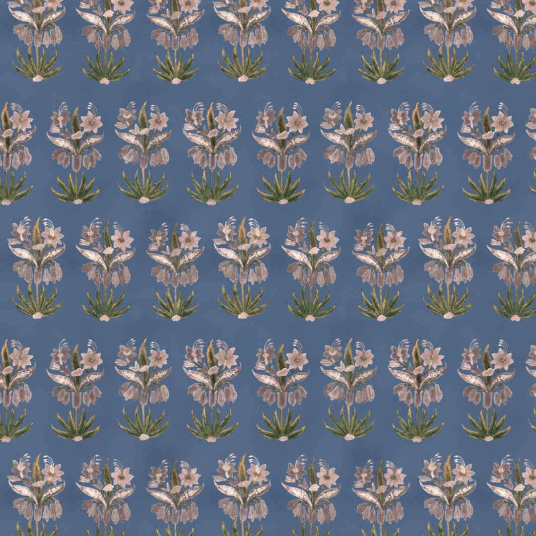 Pink 17th century Indian chintz sprigs on a muted blue ground: flat wallpaper pattern preview