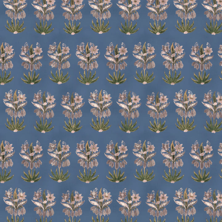 Pink 17th century Indian chintz sprigs on a muted blue ground: flat wallpaper pattern preview