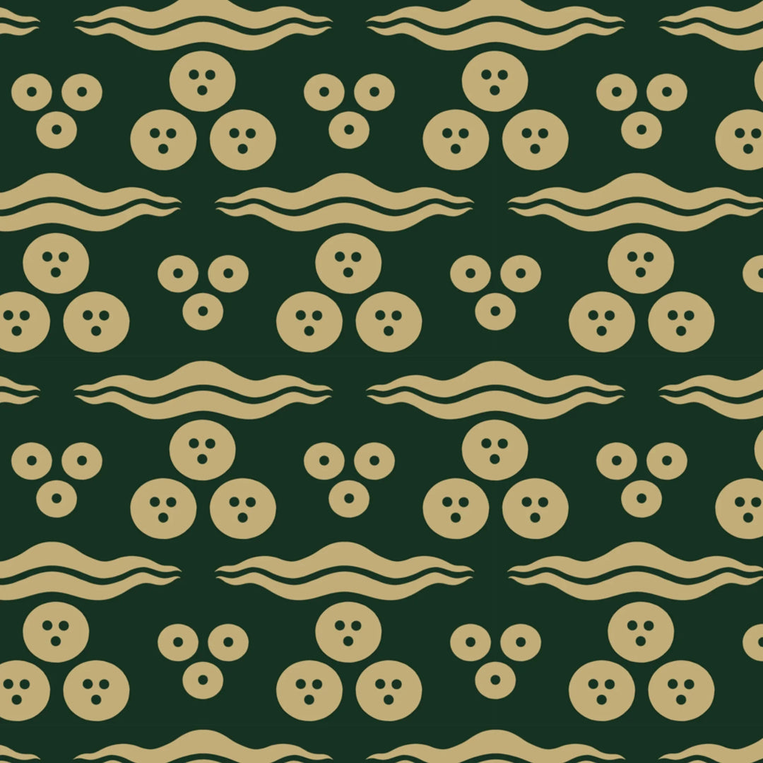 Gold 15th century Ottoman discs and waves on a dark green ground: flat wallpaper pattern preview