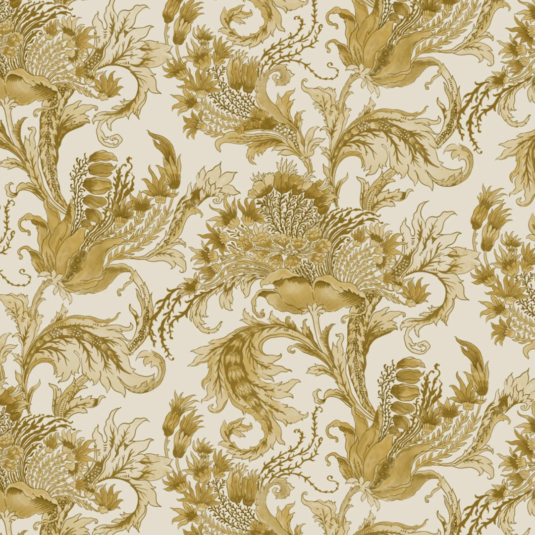 Ragged Poppy in Linen and Honey — deep gold poppy on a near-white linen ground, large-scale block-printed floral repeat flat wallpaper pattern preview