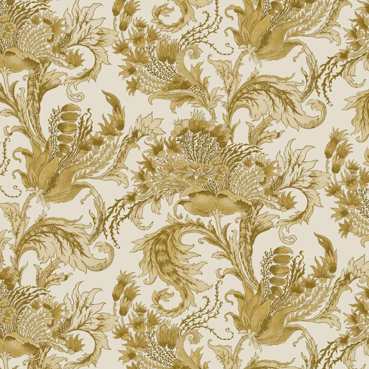 Ragged Poppy in Linen and Honey — deep gold poppy on a near-white linen ground, large-scale block-printed floral repeat flat wallpaper pattern preview
