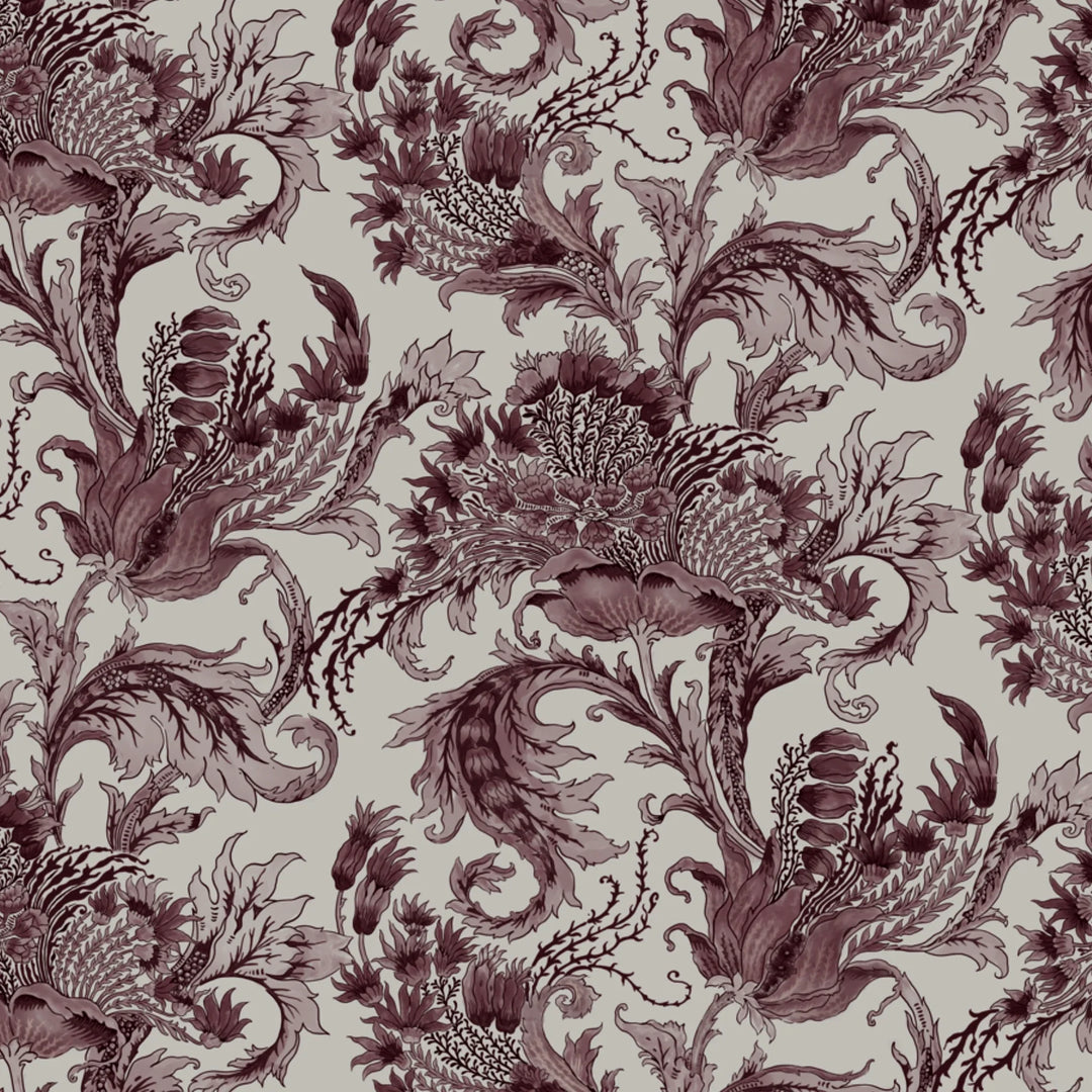 Ragged Poppy in Travertine and Blackcurrant — dark plum poppy on a pale grey travertine ground, high-contrast block-printed floral repeat flat wallpaper pattern preview
